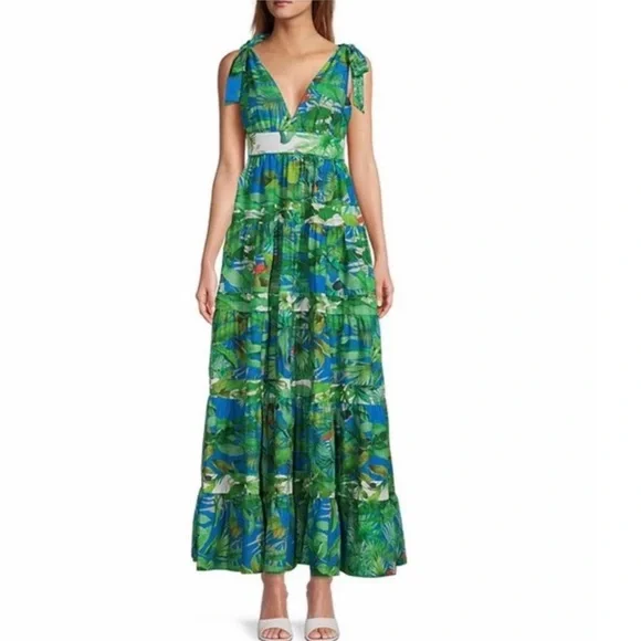 Antonio Melani Dresses | Antonio Melani Talita Green Blue Tropical Animal Bird Print Maxi Dress | Color: Blue/Green | Size: 0 | Pm-32633106's Closet